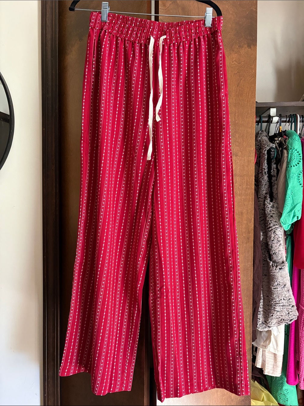 LA MIEL Red Striped Wide Leg Drawstring Pants